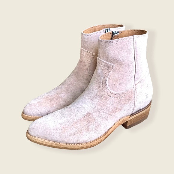 Frye Billy Blush Pink Suede Leather Zip Up Short Cute Festival Cowboy Ankle Boot - Picture 11 of 16